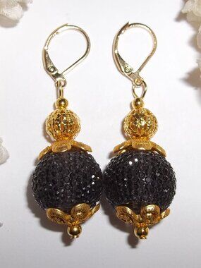 Black and Gold Earrings Sparkly Dangle Drop Statement Dressy Formal Jewelry D904